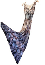 Long Blue Grey Black Peacock M/L Dress Elastic Waist Silvery Embroidery Straps