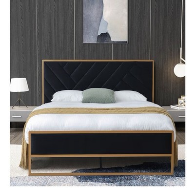 Full metal upholstered bed with geometric headboard, velvet platform b