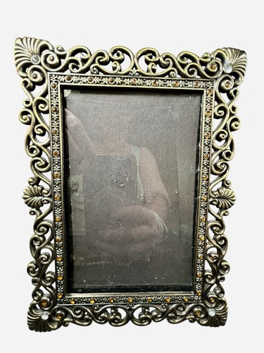 Goldtone Copper Tone Scroll Amber Rhinestones Picture Tabletop Frame 7.5"x6" - Picture 6 of 10