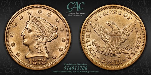 1878 P CACG AU Detail Gold Liberty 2,50 $ Münze Quarter Eagle CAC PRICE GUIDE = 700 $ - Bild 6 von 6