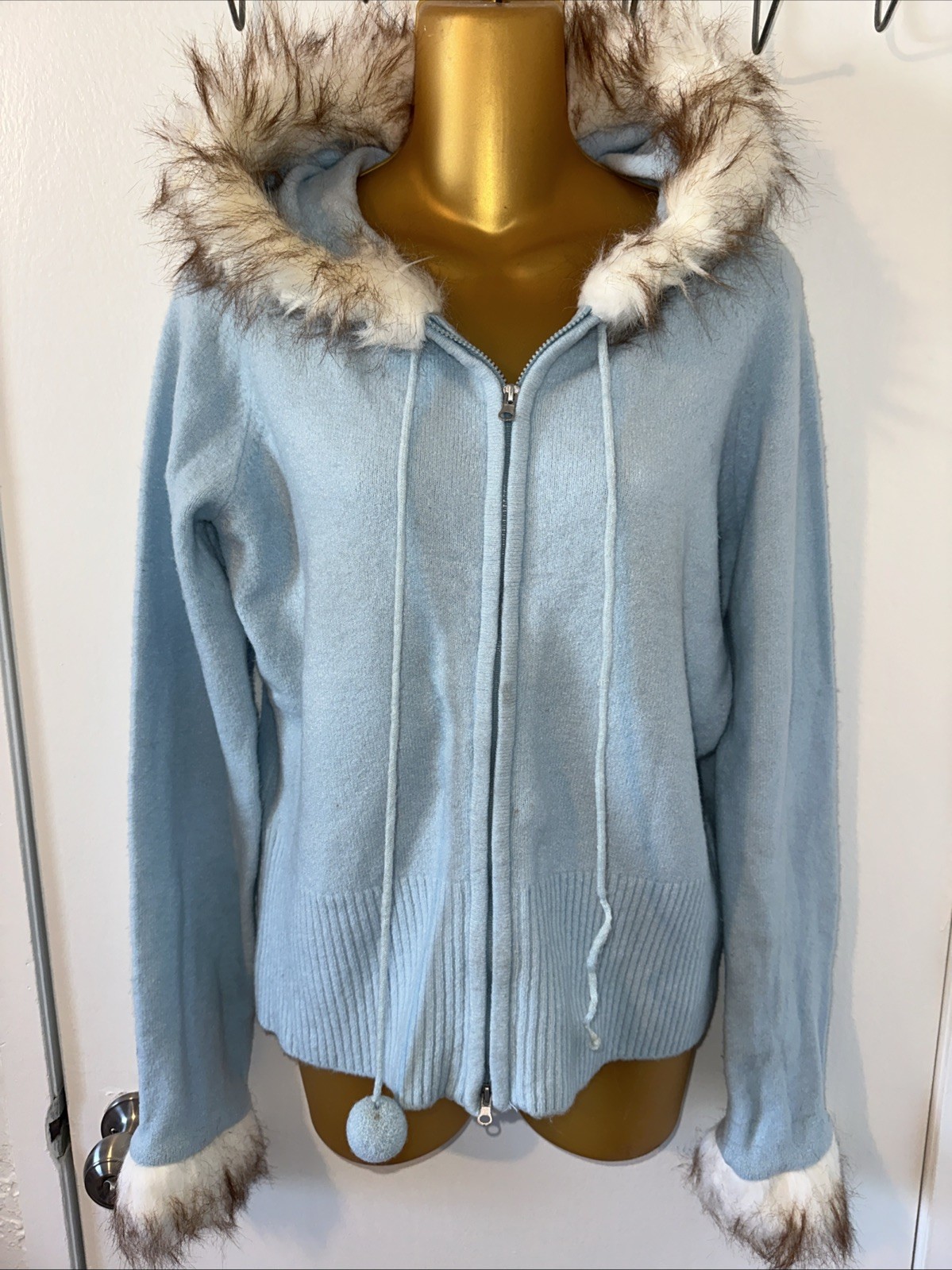 Baby Blue soft sweater Pom Poms hoodie zip up Women’s size large