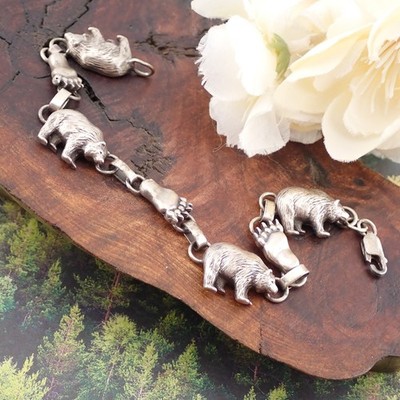 Native American Carol Felley 22 g Sterling Silver Bear Paw 7.75'' Bracelet 1991