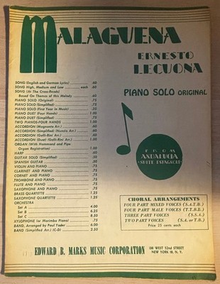 Malaguena Piano Solo Ernesto Lecuona Edward B. Marks Music - Vintage - 1958