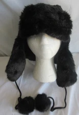 Surell Black Knit Trapper Hat Faux Fur Trim Poms Wool Blend Insulated NWT