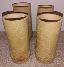Vintage Tiki Bar  Hand Carved Etched Bamboo 8" Cocktail Glasses Vases set of 4
