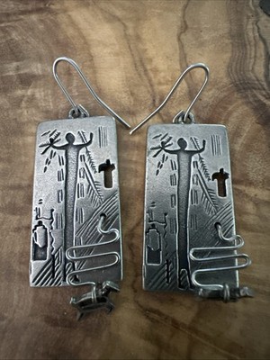 Tribal Silver Tone Native American Rectangle With Cutout Hook Dangle Earrings