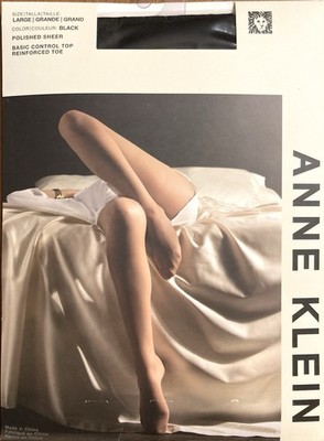 Anne Klein Size Large Polished Sheer Black Control Top Panty Hose Reinforce Toe