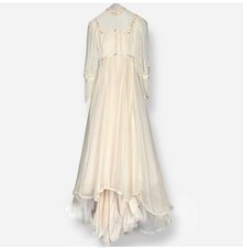 Vintage Victorian High Neck Wedding Dress Sz 4 Off White Ivory Pink Flowers