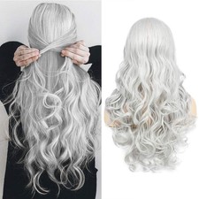 Women's Long Curly Wavy Silver Gray Wigs Cosplay Costume Halloween Wigs Synth...