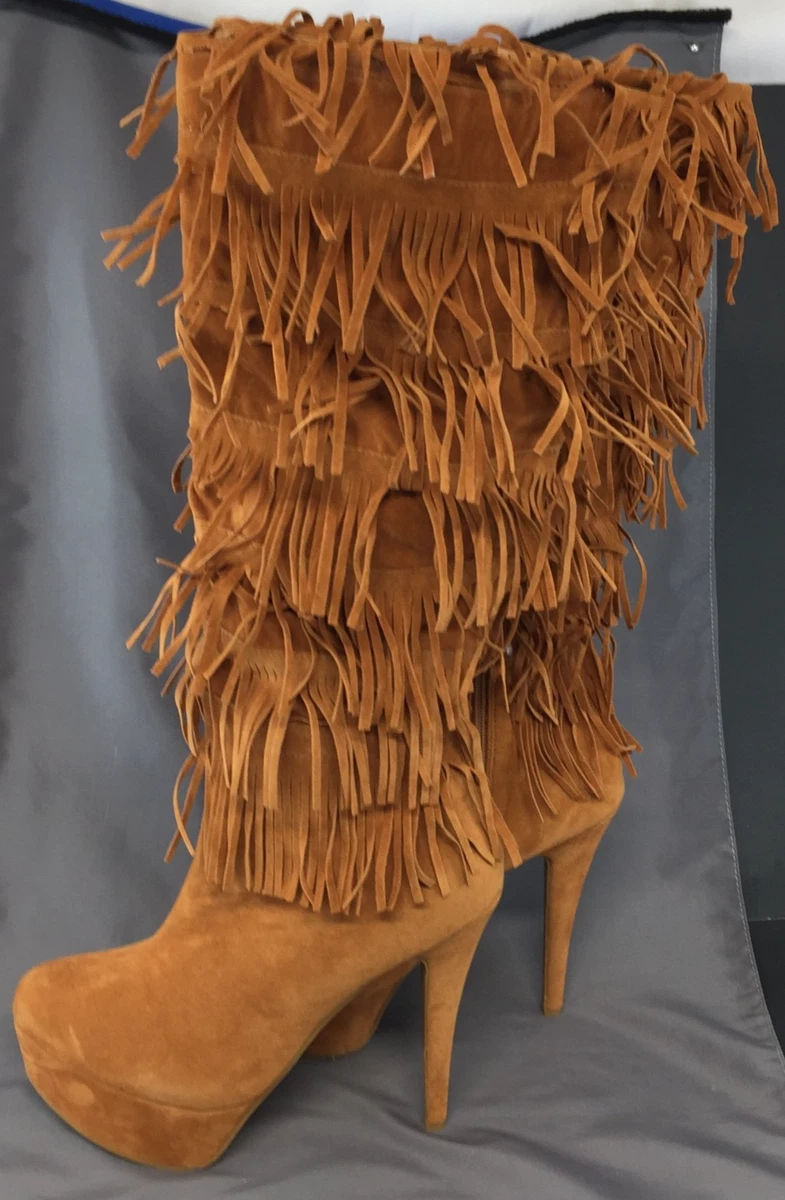 Bota de gamuza plataforma Anne Michelle hasta la rodilla Stiletto marrón flecos talla 10 para mujer