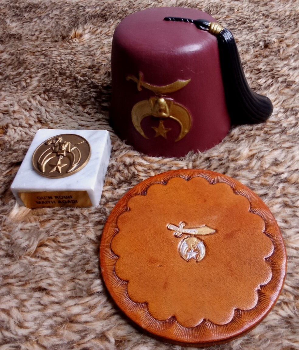 Shriners Masonic Ceramic Hat, Marble & Bronze Paperweight And Leather Coaster