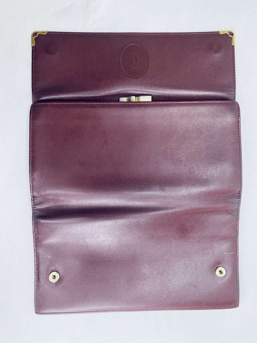 Cartier Paris Red Burgundy Brass Leather Trifold Clutch Long