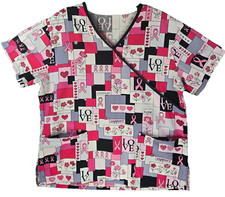 SB Scrubs Pink Ribbon Scrub Top Womens Medium Red Pink White LOVE Care Print