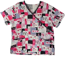 SB Scrubs Pink Ribbon Scrub Top Womens Medium Red Pink White LOVE Care Print