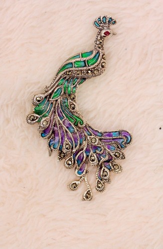 Plata de Ley Plique-à-jour Esmalte Rubí Marcasita Broche Colgante de Pavo Real - Imagen 3 de 4