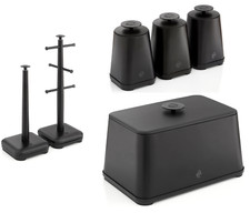 Swan Stealth Black Breadbin Canisters Mug Tree & Towel Pole Kitchen Storage Set