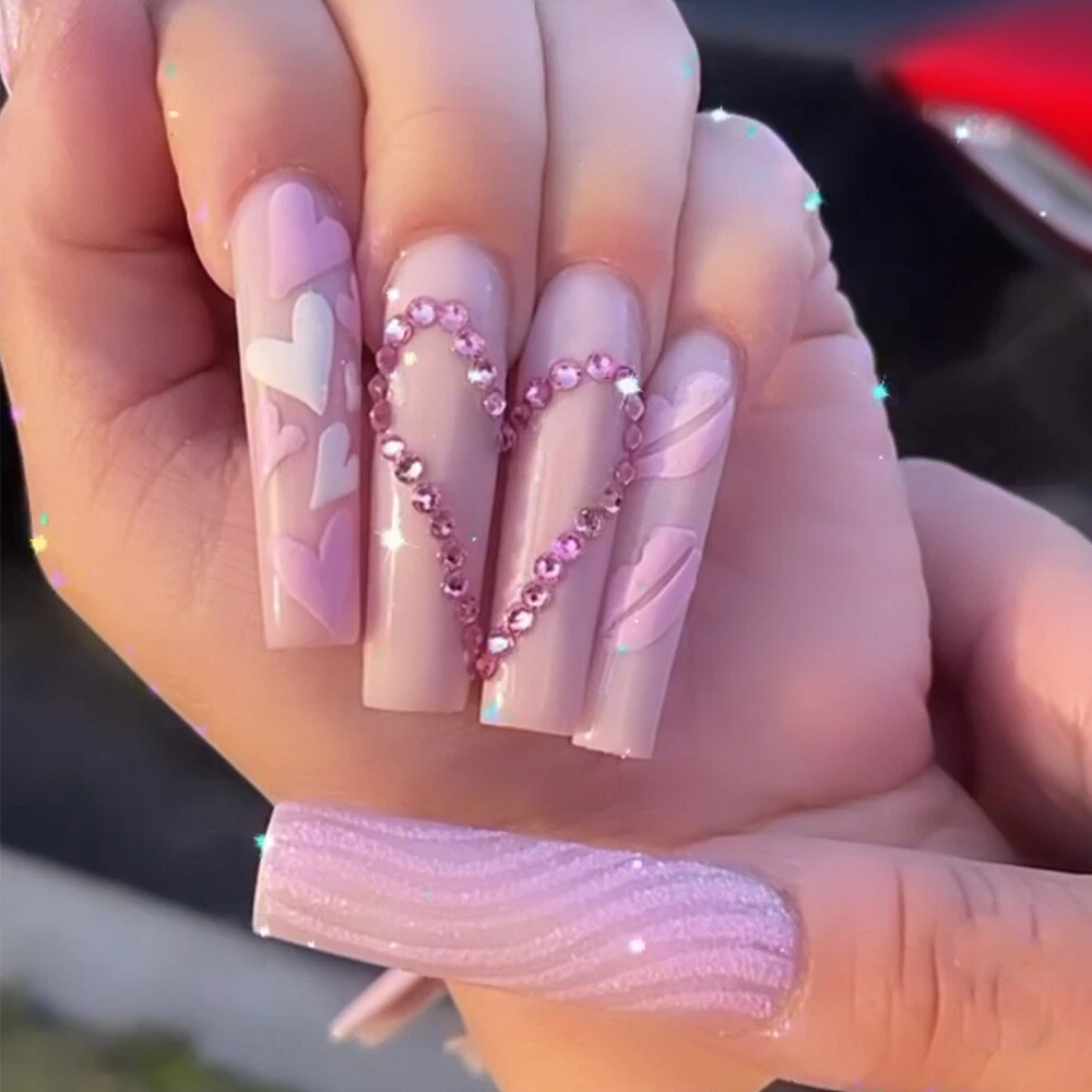 DANMANR French Press on Nails Coffin Long Fake Heart Nails Design Acrylic  Full Cover Artificial Bling False Nails for Women and Girls 24PCS - Yahoo  Shopping