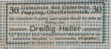 30 HELLER 1920 City of PUPPING Upper AUSTRIA Notgeld Banknote #PE288.U