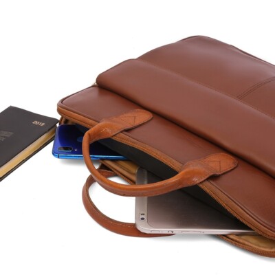 Sleek Brown Leather Laptop Bag - Stylish & Protective for Professionals