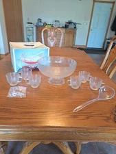 Interlude 14 Piece Vintage Italian Punch Bowl Set Clear Glass With Floral Design