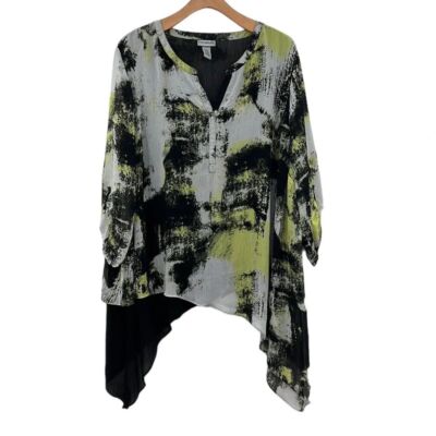 Catherines Tunic Top Women's 4X 30/32W Black Neon Abstract Sharkbike Hem Artsy