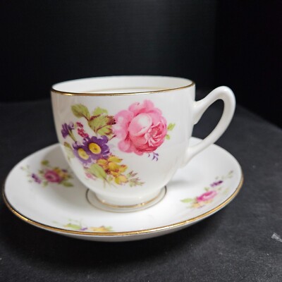 Duchess Bone China England Tea Cup & Saucer Pink Rose Flower Floral White
