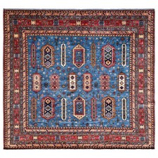 10'x10' Blue Afghan Ersari Antique Caucasian Motif Hand Knotted Wool Square Rug