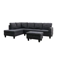 Bowery Hill Living Room 3PC Set Linen Sectional Sofa with Ottoman in Black Gray