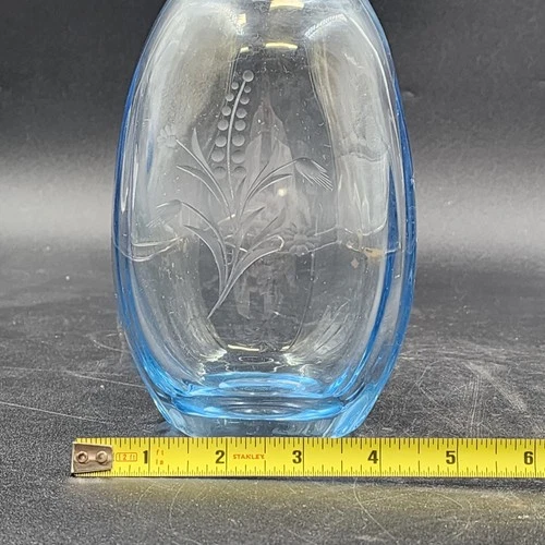 Hand Blown Blue Tint Glass Vase Etched Floral Scandinavian Swedish Oval 6.75″ - Picture 12 of 12