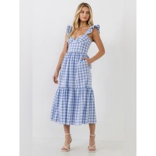 English Factory Sweetheart Neck Ruffle Gingham Midi Dress Blue White Size Medium