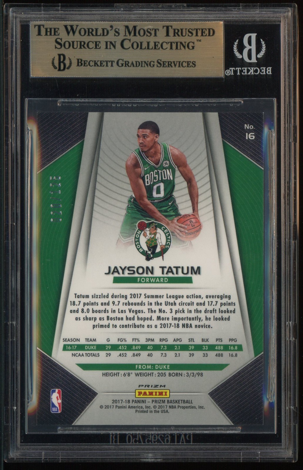 2017-18 Panini Red Fast Break Prizm #16 Jayson Tatum RC Rookie 20/125 BGS 9.5 view 2
