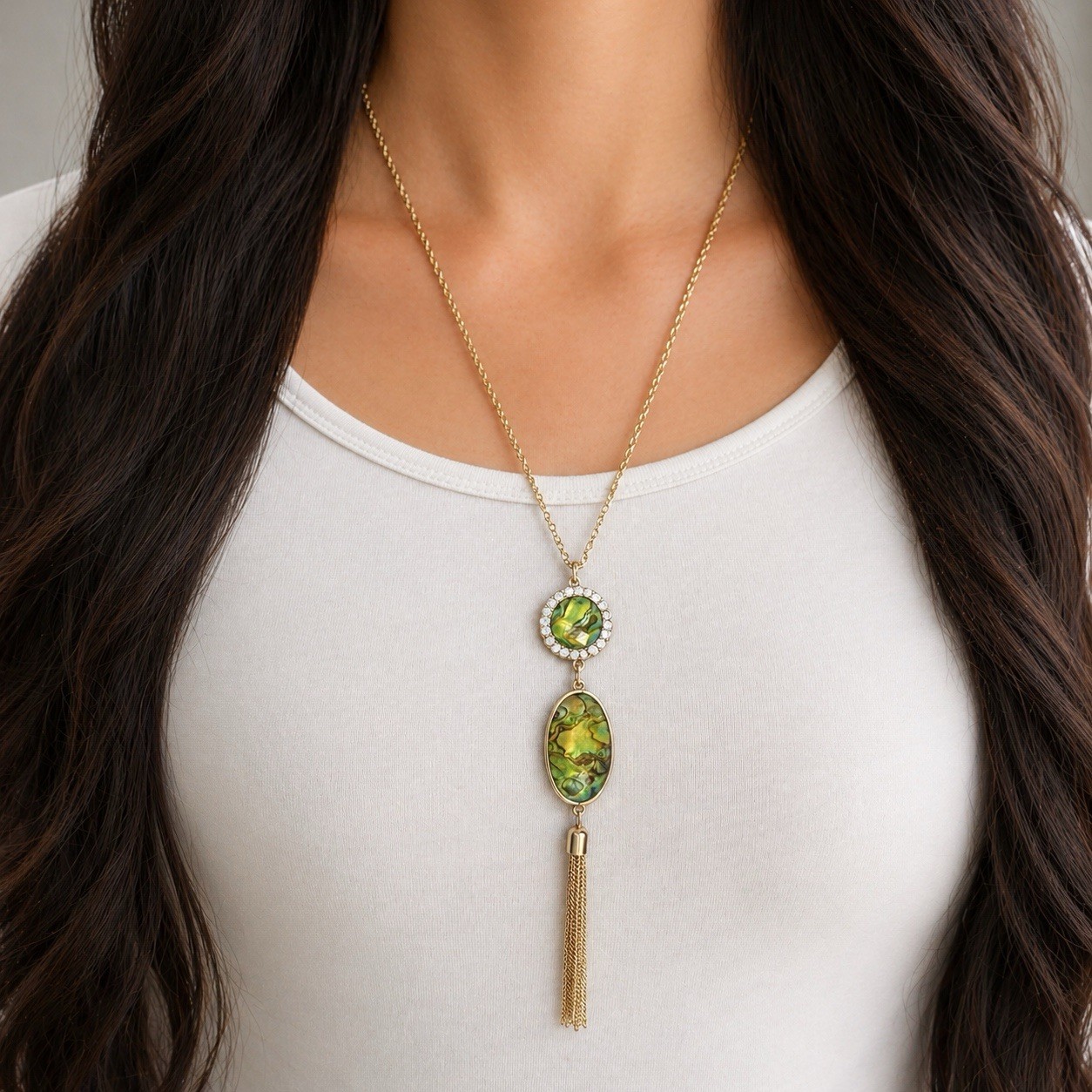 NWT Long Gold Tone Tassel Necklace Green Abalone Look Pendant Rhinestone Accent