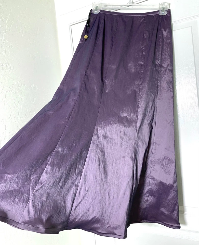 Maxi Falda TADASHI SHOJI Púrpura Metálica Elastizada Tafetán Sirena 10 Cremallera Trasera NUEVA Foto 2 de 4