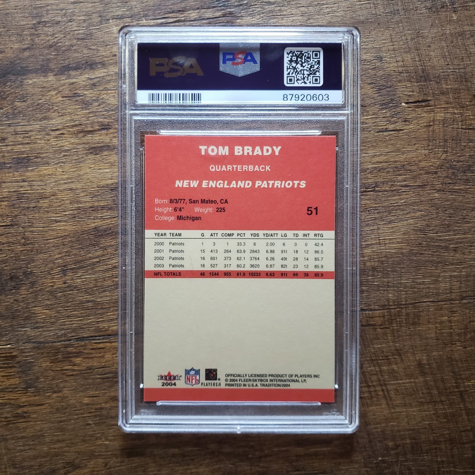 2004 Fleer Tradition #51 Tom Brady PSA 10 Gem Mint - Red view 2