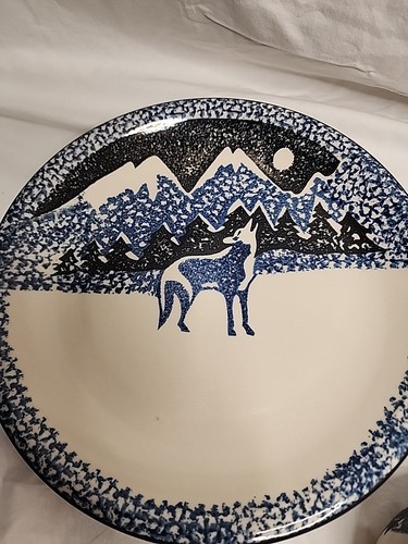 SET OF 11pcs FOLK CRAFT LONE WOLF BY TIENSHAN SPONGEWARE DINNER PLATES,BOWL - Picture 13 of 18