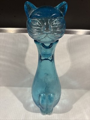 Vintage Ruffino Empoli Cat Decanter Bottle Teal Blue 1960s MCM Italian Glass 13''