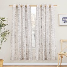 Natural Linen Blend Flax Sheer Curtains 72" Length, Grommet Geometry Window T...