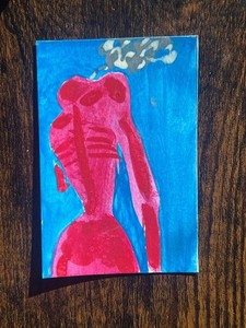 ACEO Original Art Card – Abstract Skeleton,  red, smoking, watercolor,