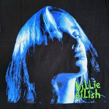 Camiseta negra Billie Eilish retrato azul neón gráfico mercancía musical oficial nueva