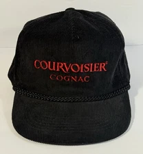 Vintage Corduroy Hat Cap Black Rope Zip back Courvoisier Cognac Alcohol