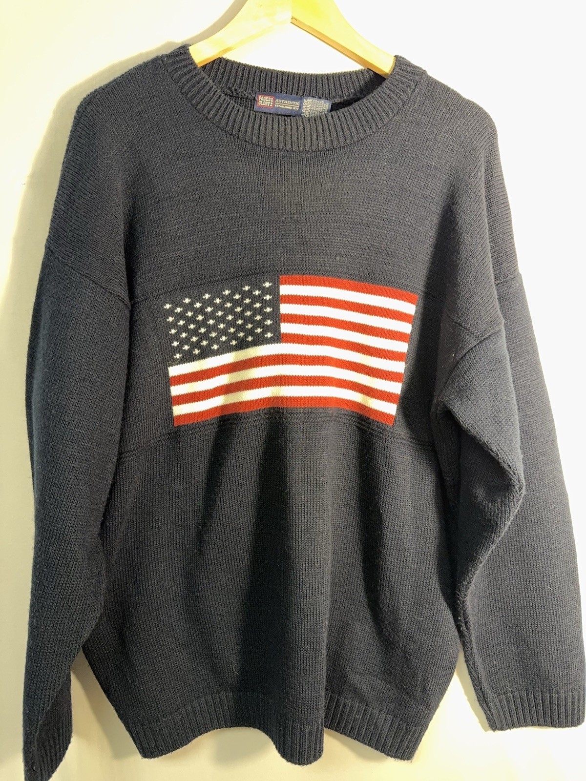 Faded Glory Vintage USA Flag Crewneck Knit Sweater Patriotic Navy L