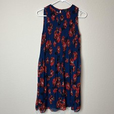 Halogen Dress Womens XS Blue Red Floral Pleated Sleeveless Shift Lined Chiffon