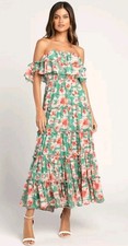Lulus Women's Chance For Us Green Floral Off-the-Shoulder Ruffled Maxi Dress M