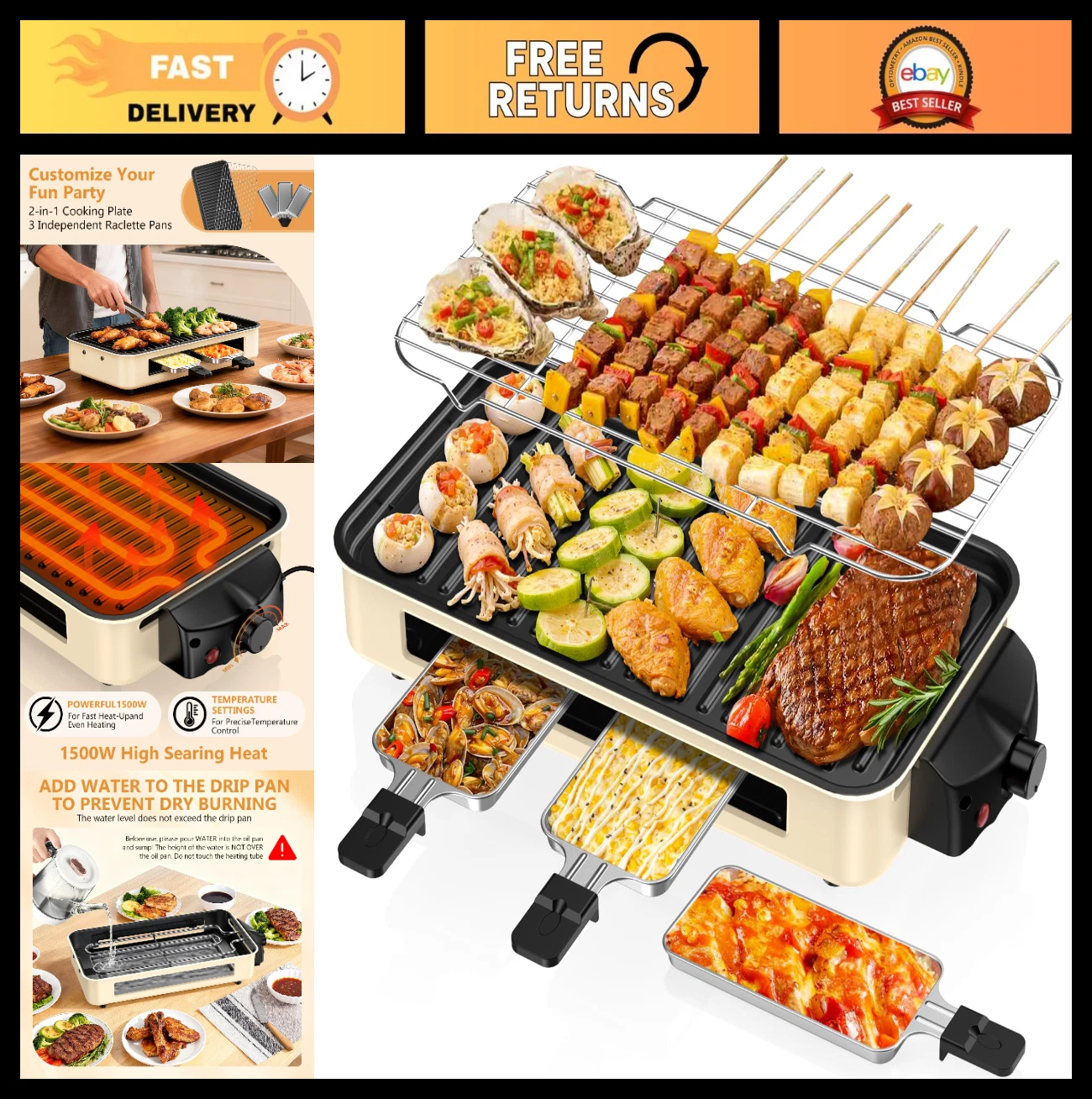 1500W Smokeless Indoor Electric Grill & Griddle - Non-Stick, Temp Control, 3 Che