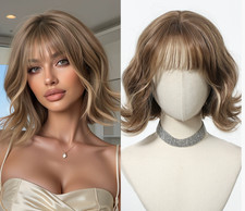 Medium Bob Wavy Chocolate Brown Mix Synthetic Hair Wigs Women Soft With Bangs