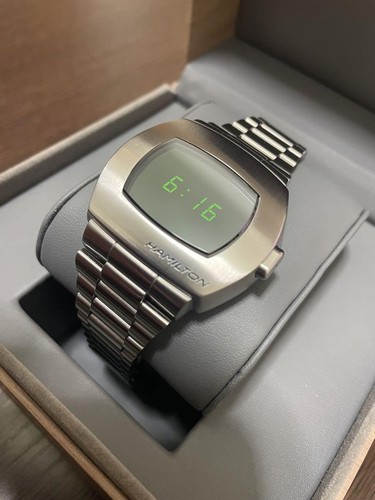 Hamilton Pulsar H52414131 Digital Watch Green LED, Steel Band, Square Used