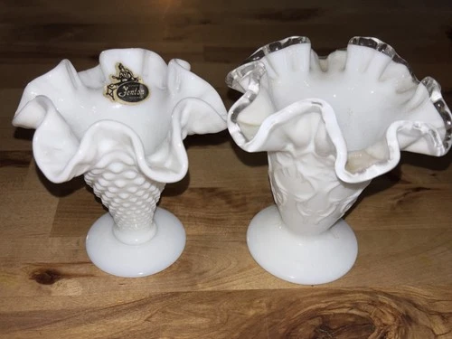 Pair Vintage FENTON Ruffled Silvercrest & Hobnail Small 4” Milk Glass Bud Vases