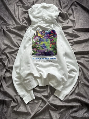 A BATHING APE (BAPE) Felpa con cappuccio bianca nuova con etichette Bape A Bathing Ape Network World Gone Mad taglia XL