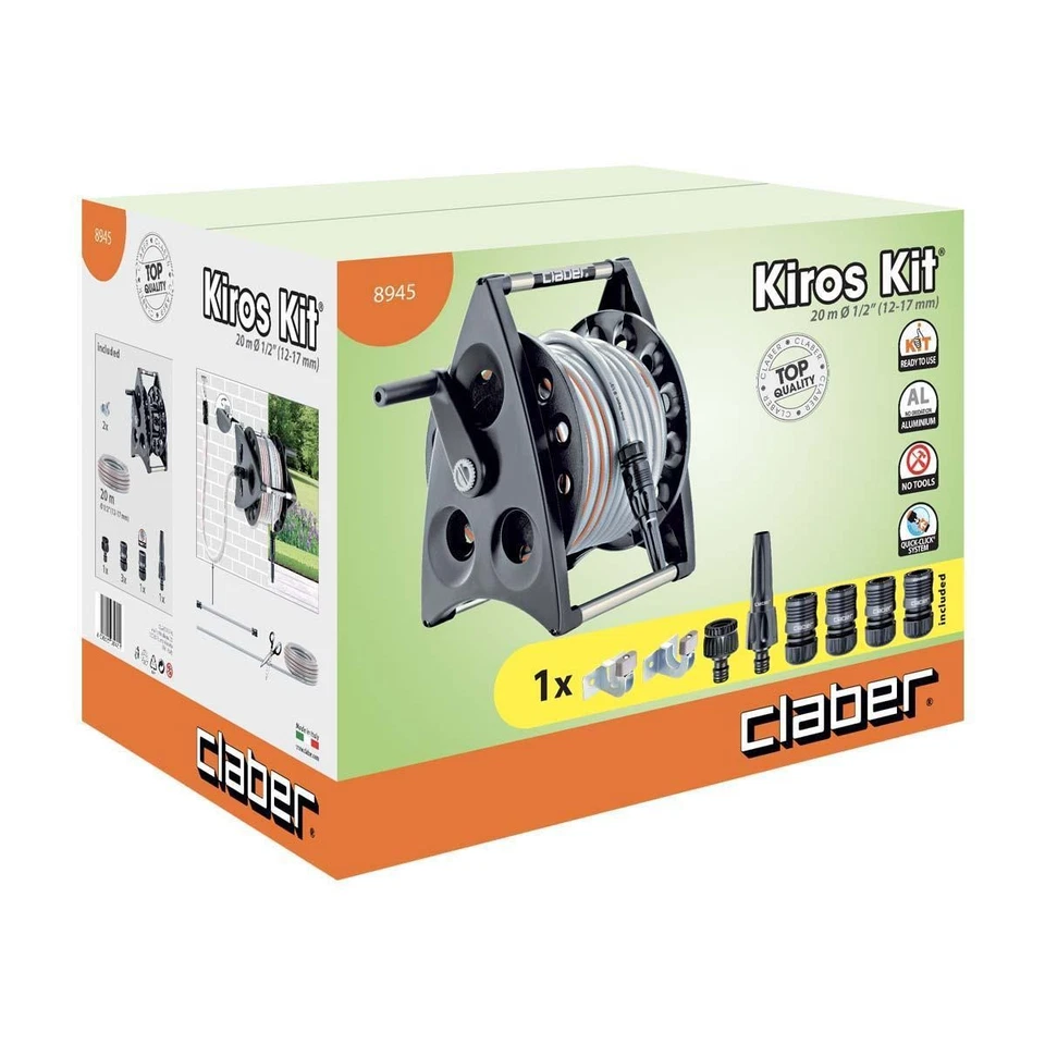 KIT ENROULEUR + TUYAU D'ARROSAGE 20 M 1/2 CLABER KIROS, COD 8945, MONTAGE MURAL, - Photo 2/3