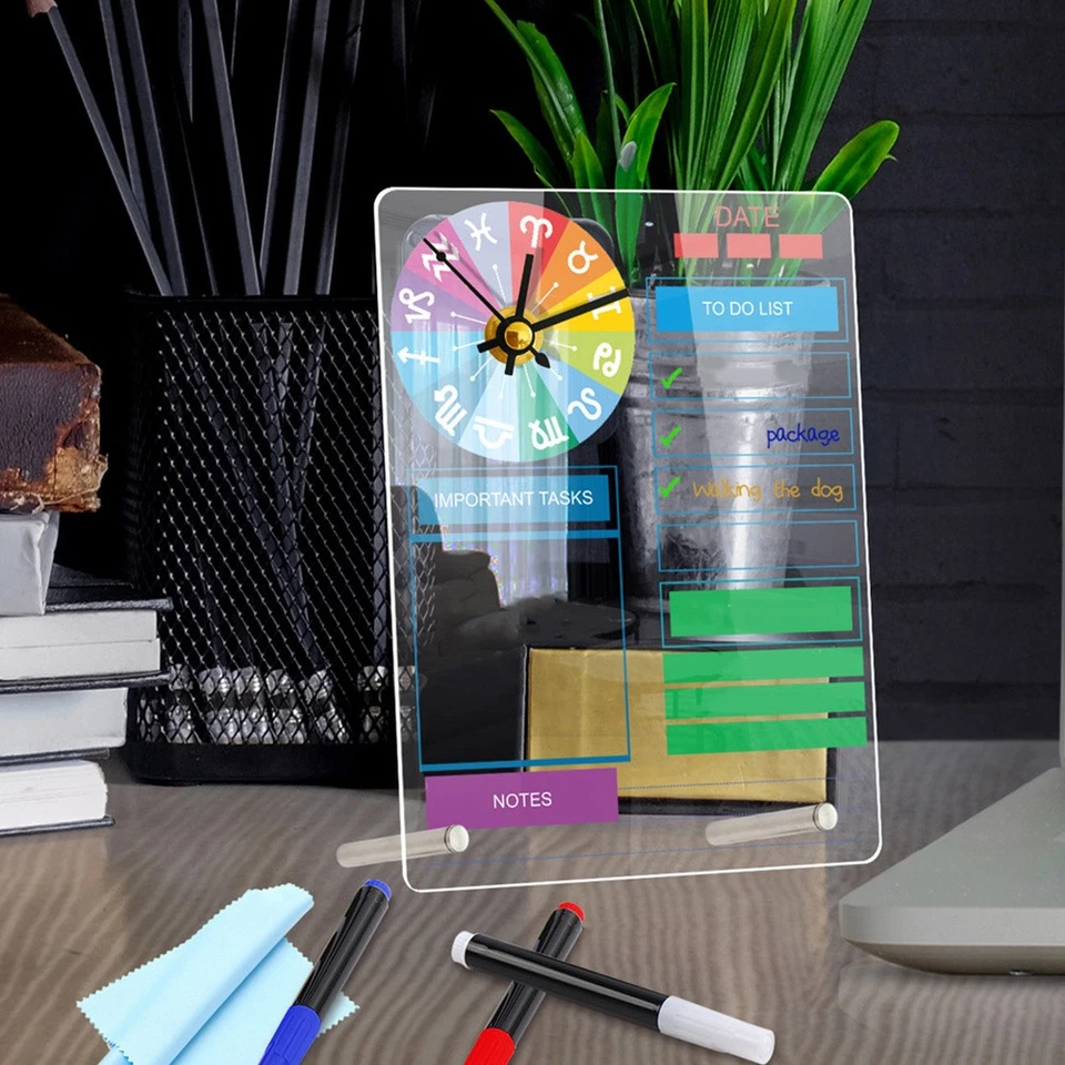 1 Set Whiteboard Tabletop Dry Erase Board Acryl Memoboard mit Uhr ohne Batterie - Bild 2 von 4